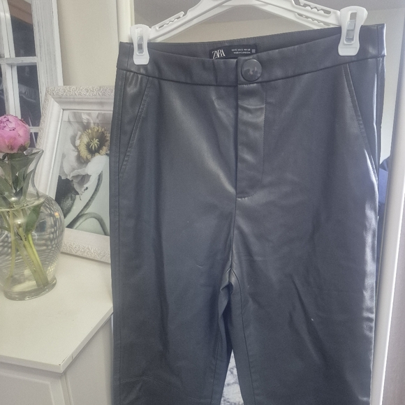 Zara Women Small Forest Green Faux Leather Leggings Skinny Pants Hi-Rise - Picture 3 of 10